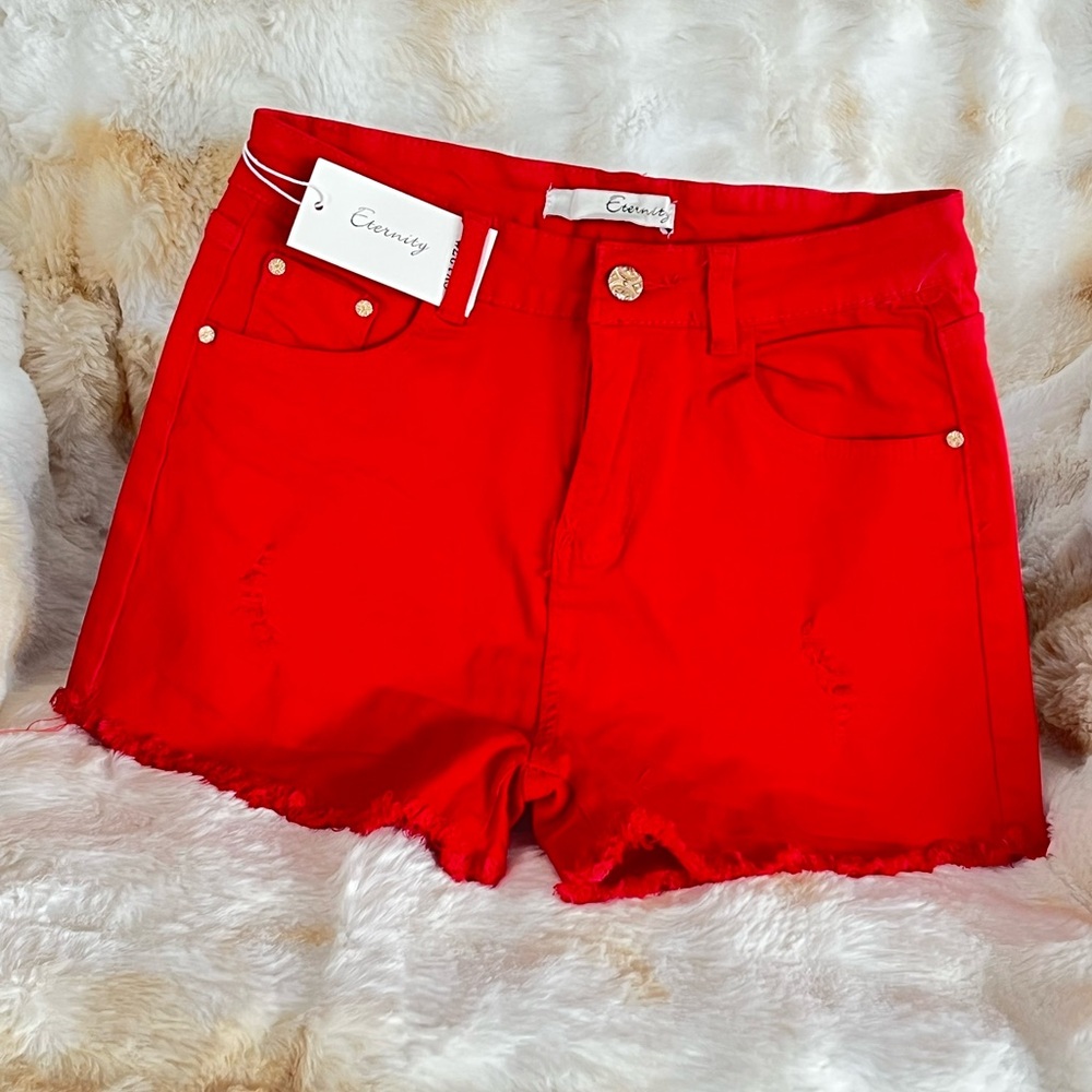 Red High-Rise Denim Shorts